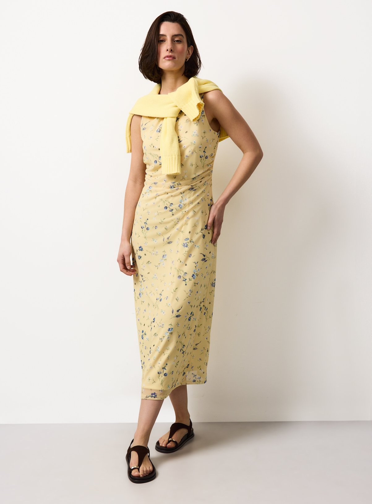 Yellow Floral Print Midaxi Column Dress 10 - Image 1 thumbnail